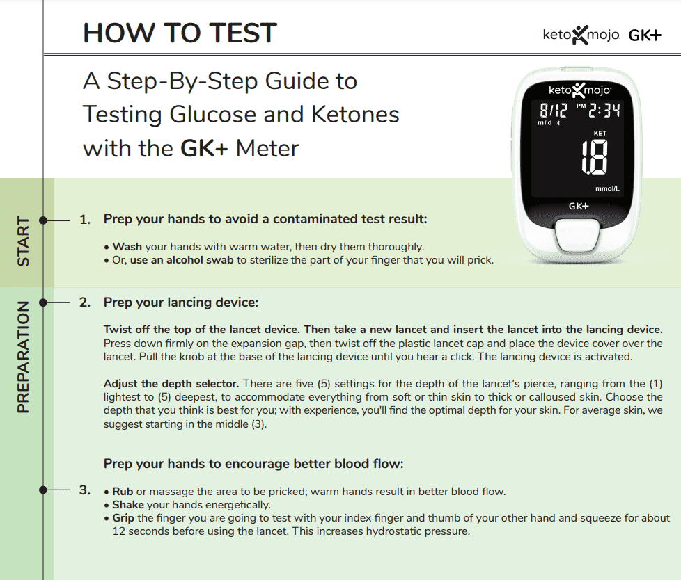 GK+ meter instructions, page 1: preparing hands, the lancing device and blood flow.