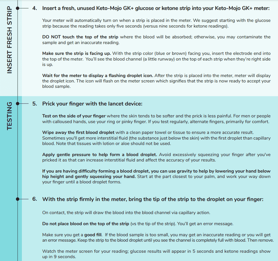 GK+ meter instructions, page 2: inserting the strip, using the lancing device and applying a blood drop.