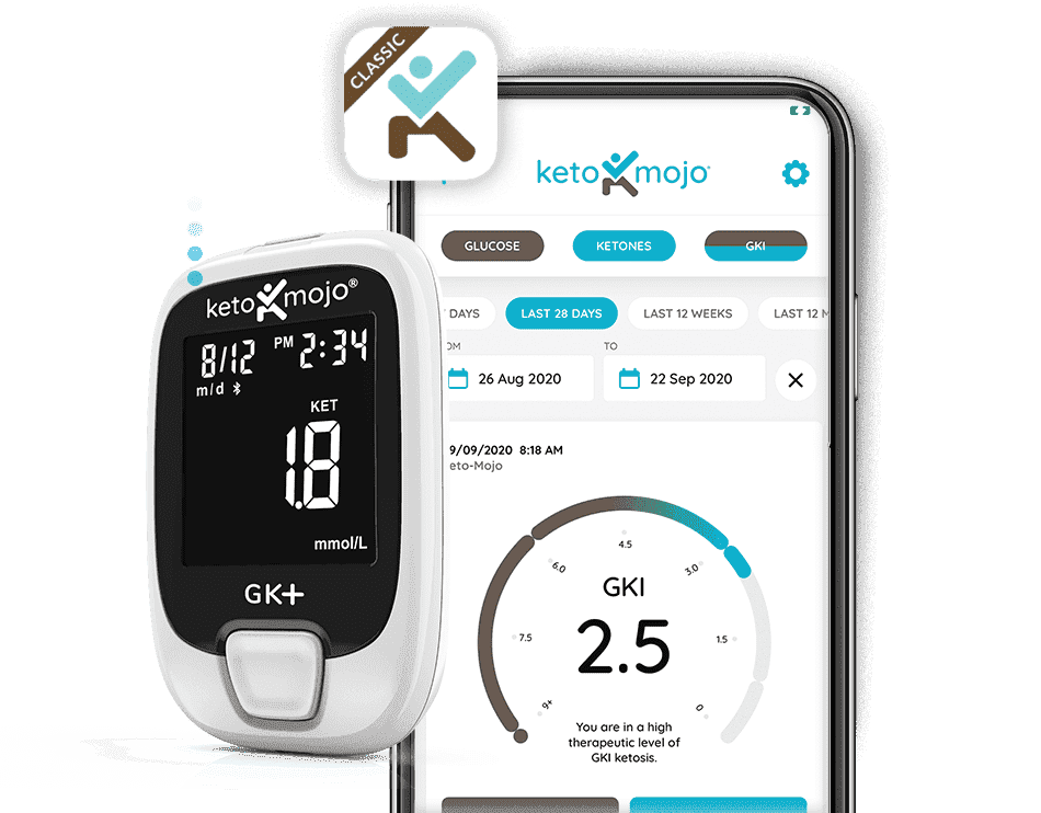 Keto-Mojo GK+ blood glucose and ketone meter beside its mobile app.