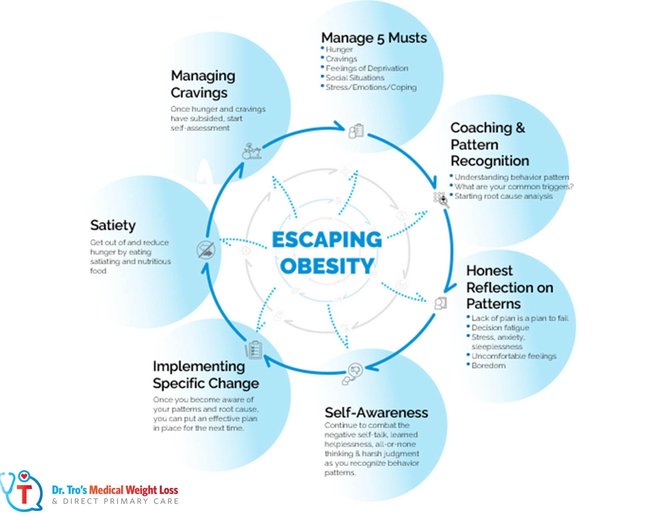 Escaping Obesity: manage hunger and cravings, recognize patterns, practice self-awareness and make specific changes.